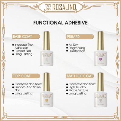Quatro frascos de esmalte funcional ROSALIND com texto descritivo