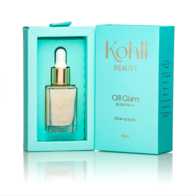 Frasco com conta-gotas e caixa azul turquesa de iluminador champanhe Kohll Beauty