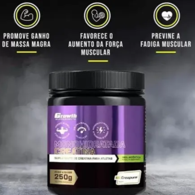 Frasco de creatina monohidratada com rótulo roxo e texto promocional em português.