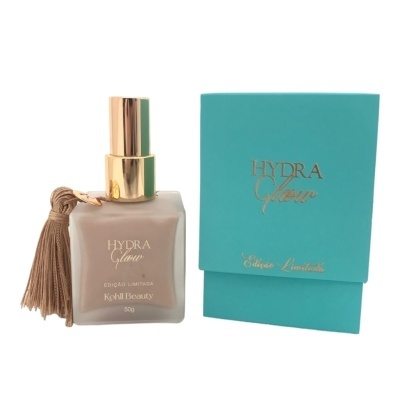 Frasco de hidratante Hydra Glam com caixa azul e texto dourado