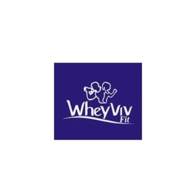 Logótipo Whey Viv Fit com fundo azul e figuras brancas a correr.