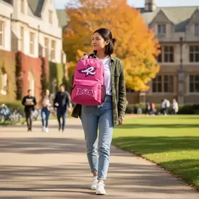 Mulher a transportar mochila rosa com logotipos ao ar livre num campus universitário.