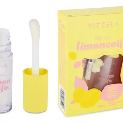 Óleo labial Vizzela limoncello em frasco transparente e embalegem amarela com limões
