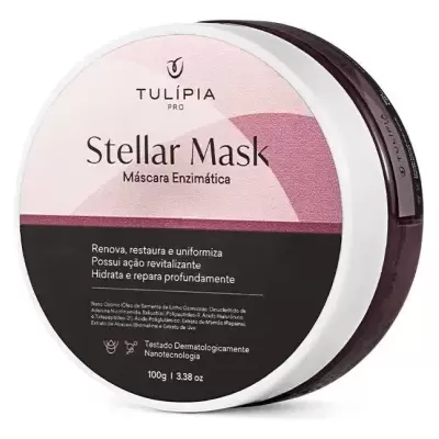Embalagem redonda branca de máscara facial Stellar Mask em rosa e preto com texto em português