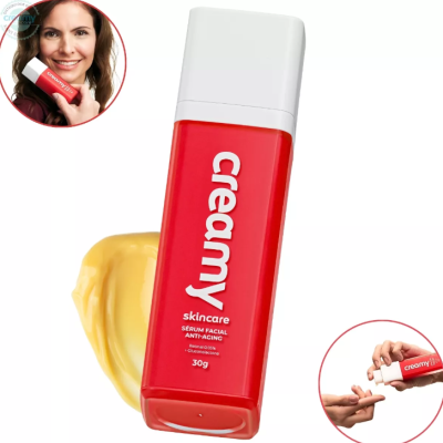Frasco de sérum facial anti-envelhecimento creamy vermelho e branco com 30g e textura amarela do produto