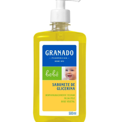 Frasco amarelo de sabonete de glicerina para bebé da Granado com doseador branco