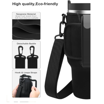 Estojo preto para garrafa em neoprene com fita de transporte e fecho destacável