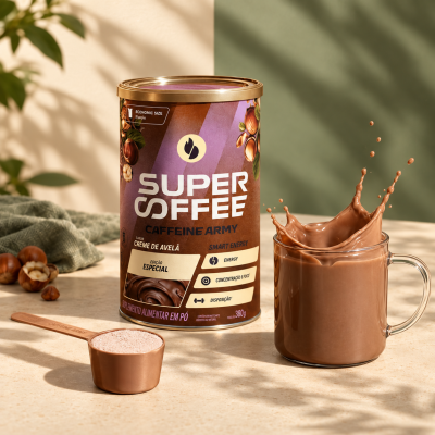 Lata de suplemento alimentar em pó Super Coffee Caffeine Army creme de avelã com colher e chávena de bebida