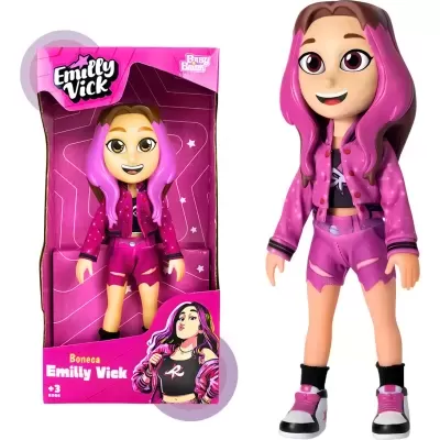 Boneca Emilly Vick com roupa rosa e embalagem cor de rosa