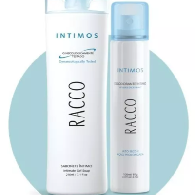 Dois produtos de cuidado íntimo RACCO com embalagens brancas e detalhes azuis