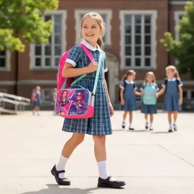 Menina com mochila rosa e bolsa colorida num pátio escolar