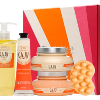 Conjunto de cosméticos L'Occitane com caixa colorida e cinco produtos