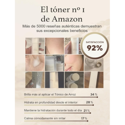 Produto cosmético Tónico de Arroz com fotos em fundo bege e texto em espanhol.