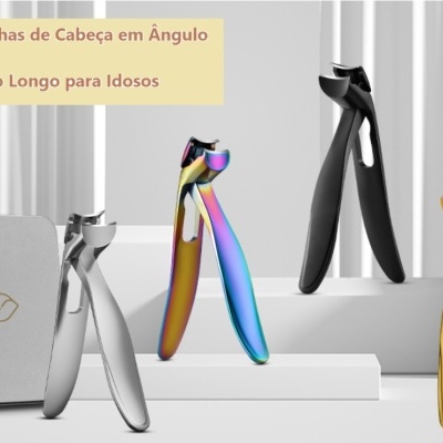 Cortas-unhas coloridos sobre suportes brancos com fundo neutro e cortinas cinza