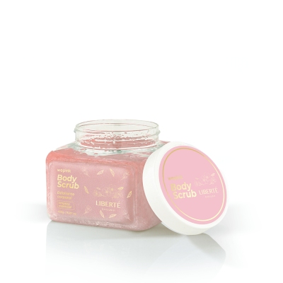 Esfoliante corporal em frasco quadrado rosa com tampa branca e rótulo rosa.