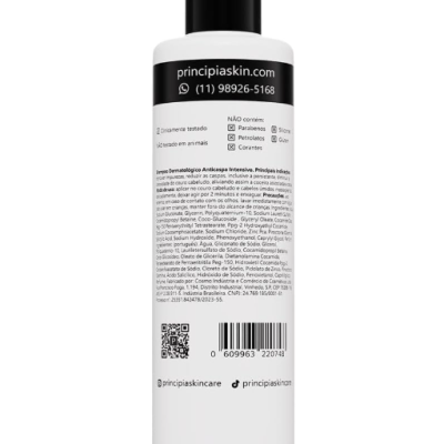 Frasco branco com tampa preta e texto informativo sobre ingredientes e contato.