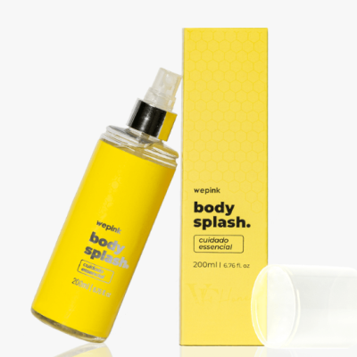 Frasco amarelo de spray corporal e caixa amarela com texto