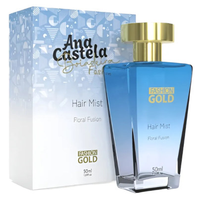 Hair Mist Ana Castela Floral Fusion frasco azul com tampa dourada e caixa branca com padrão azul