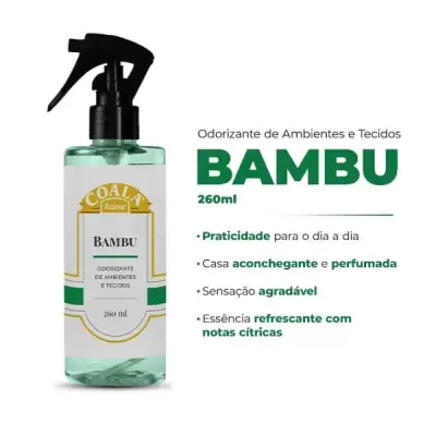 Frasco spray verde translúcido com etiqueta COALA home BAMBU 260 ml e texto promocional ao lado