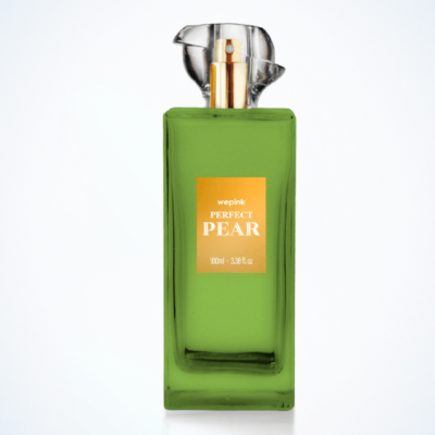 Frasco de perfume verde com etiqueta laranja e tampa translúcida