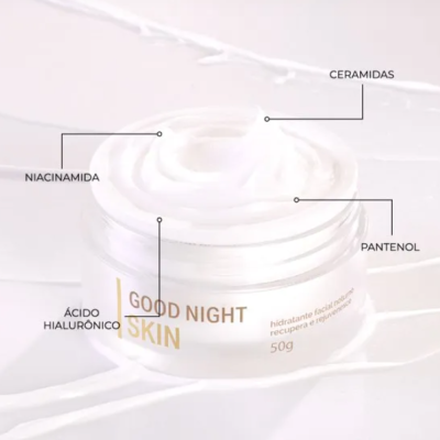 Frasco de creme hidratante facial Good Night Skin aberto com creme visível e texto no frasco