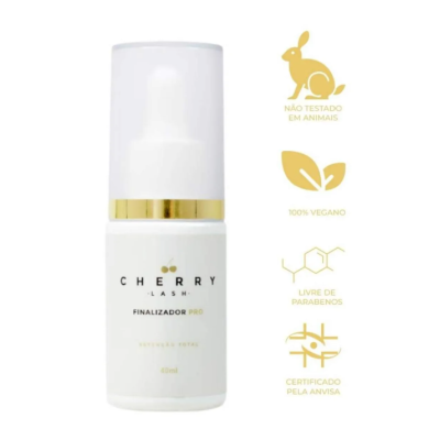 Frasco branco de finalizador Cherry Lash Pro com ícones de certificações