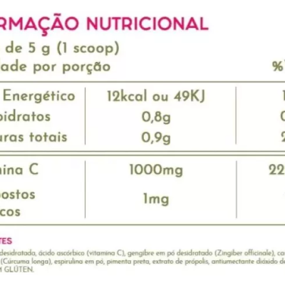 Rótulo de suplemento com informação nutricional e ingredientes