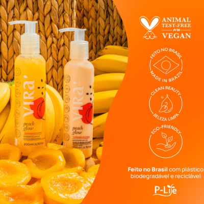Frascos de shampoo e condicionador VIRA com frutas e ícones de certificações ambientais