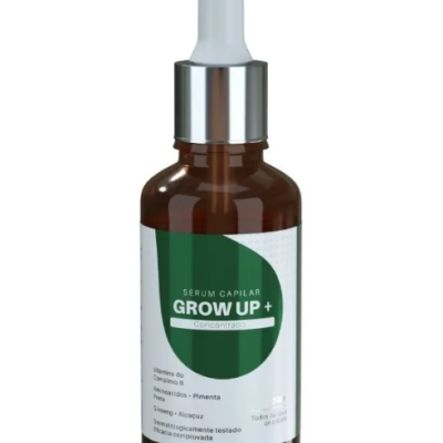 Frasco de sérum capilar Grow Up + com conta-gotas, rótulo branco e verde.