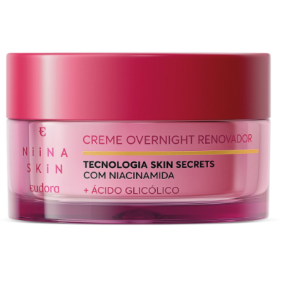 Frasco rosa e vermelho de creme renovador overnight NiiNA SKIN