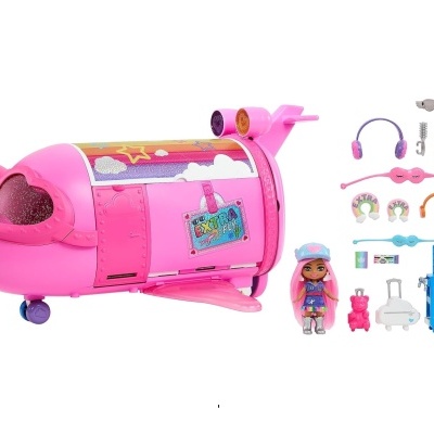 Brinquedo de avião rosa com acessórios variados e boneca