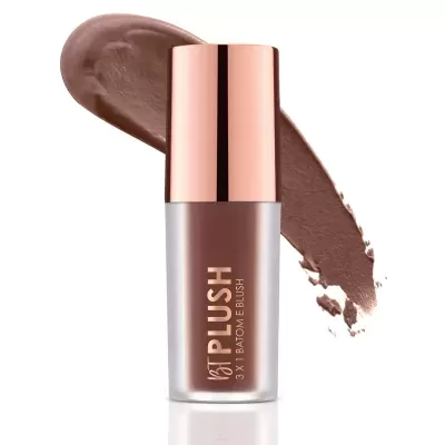 Frasco de maquilhagem castanho com tampa dourada e texto BT PLUSH