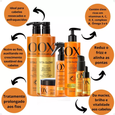 Produtos de cuidado capilar OOX Vita Glow em embalagens laranja com texto e benefícios destacados em bolhas laranjas