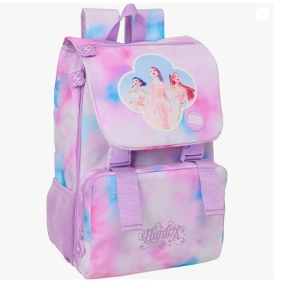 Mochila escolar rosa e lilás com imagem de personagens femininas