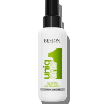 Frasco branco de tratamento capilar Revlon uniq one com spray preto