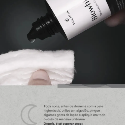 Frasco do produto Biowhite Tulipia a ser aplicado em algodão com instruções em português