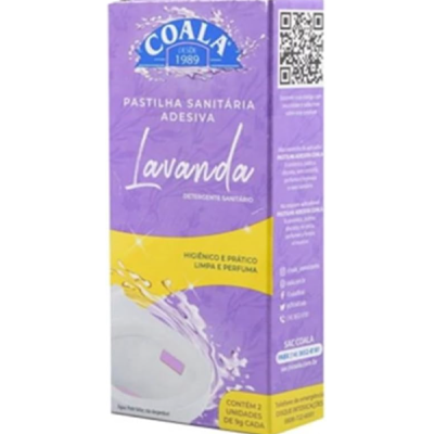 Embalagem lavanda e amarela de pastilha sanitária adesiva Coala Lavanda