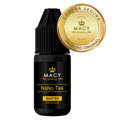 Frasco de cola preta MACY KOREA NaNo Tek MASTER BLACK GLUE com selo dourado de autenticidade.