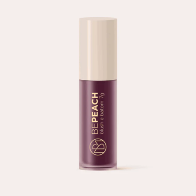 Frasco pequeno de blush líquido roxo com tampa bege