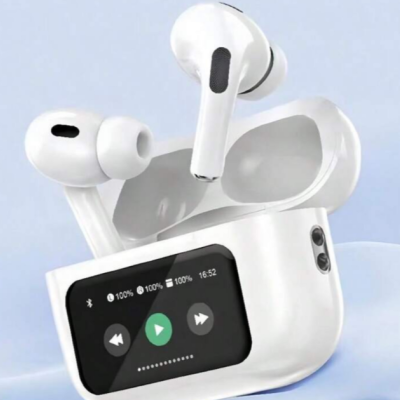 Auscultadores sem fios brancos com estojo ecrã digital