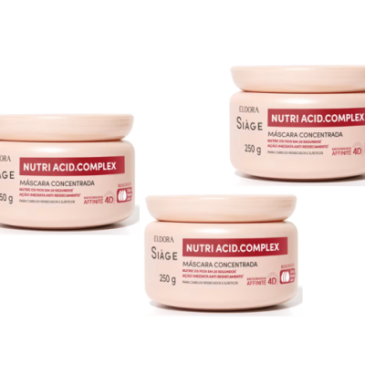 Três frascos da máscara capilar Nutri Acid.Complex da Eudora Siàge cor de rosa claro com tampa rosa