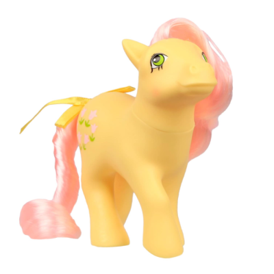 Brinquedo pônei amarelo com crina e cauda cor de rosa