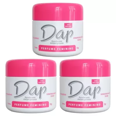Três frascos brancos de creme antiperspirante Dap com tampa rosa e texto em rosa e cinza.