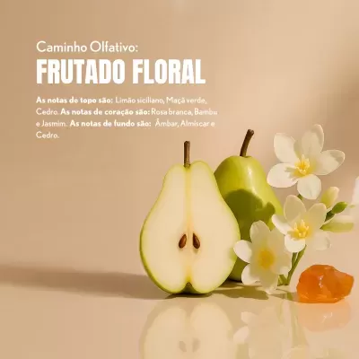 Pêra verde cortada ao meio com flores brancas e resina âmbar em fundo bege e texto em português sobre aroma