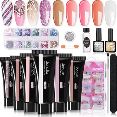 Conjunto de unhas postiças coloridas, gel UV Janolia, acessórios de manicure.