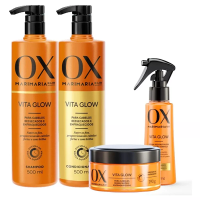 Produtos para cabelo OX MARIMARIA HAIR VITA GLOW em tons de laranja e preto