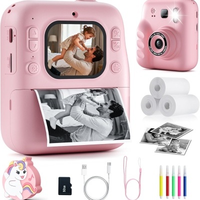 Câmara digital rosa para crianças com impressão fotográfica e acessórios