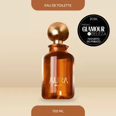 Frasco âmbar de perfume Aura Beauty com tampa dourada e selo prémio