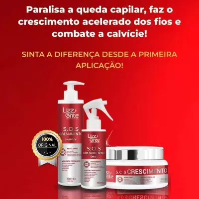 Produtos capilares Lizzante S.O.S Crescimento sobre fundo vermelho