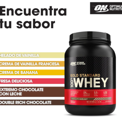 Frasco de suplemento proteico 100% Whey Gold Standard com lista de sabores em espanhol